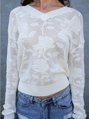 Lumiere Sheer Floral Knit V-Neck Sweater NWT